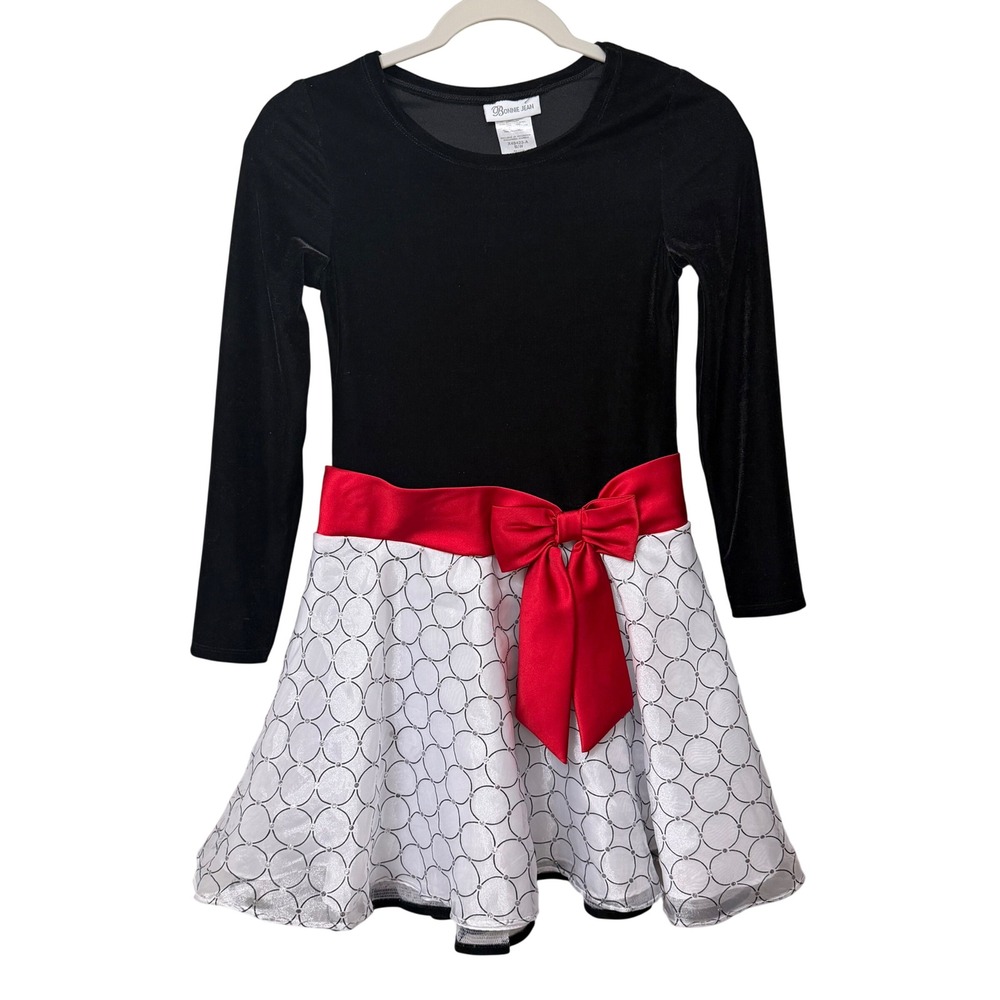 Bonnie Jean Girls Size 12 Velvet Holiday Dress Black Red White Bow Christmas